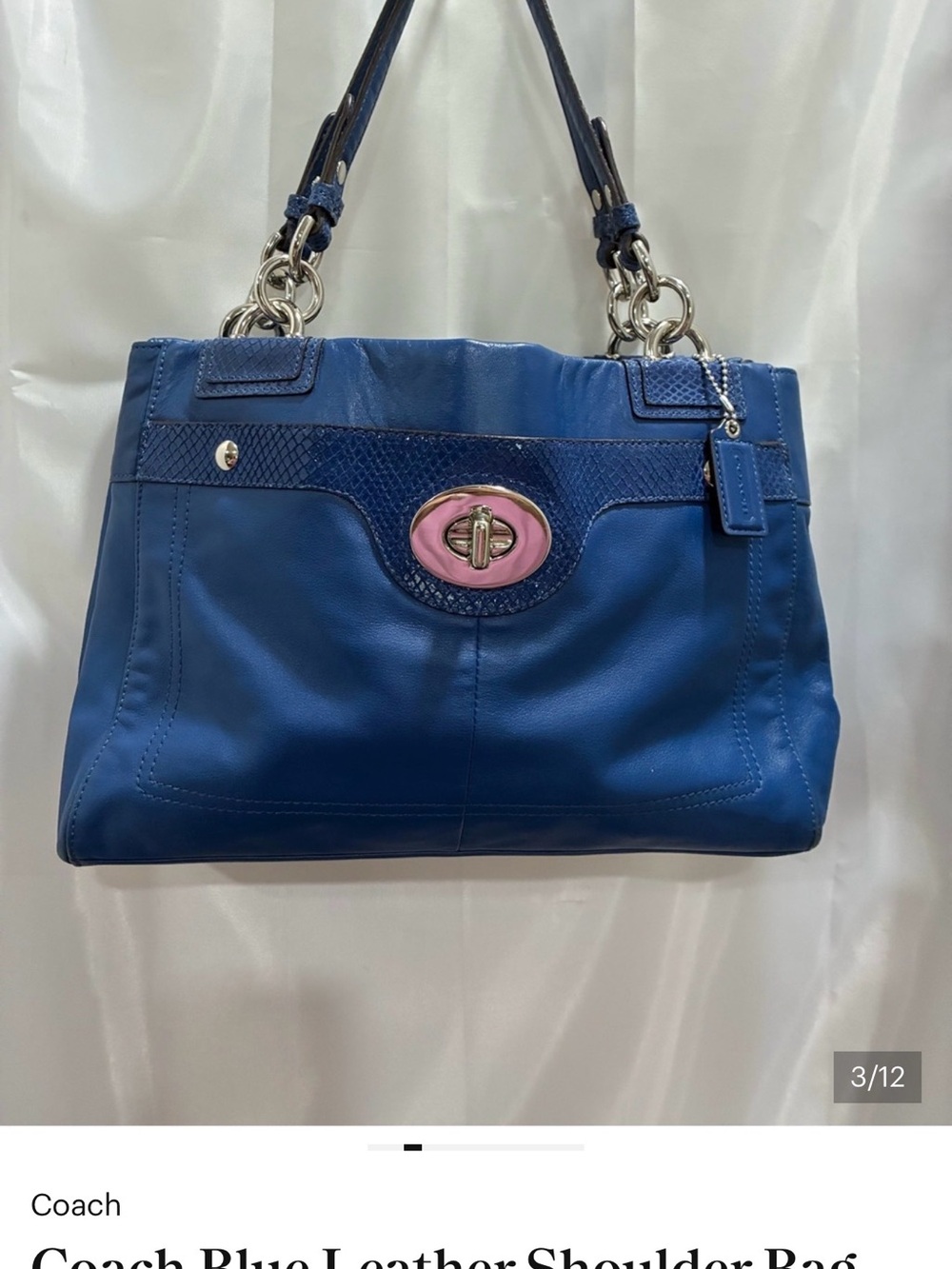 Coach Blue Leather Shoulder Bag with Pink Turn-Lock - Picture 3 of 11